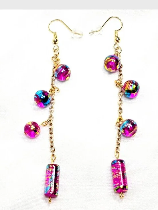 Handmade Pink Multi-Color Dangle Earrings with Gold Chain