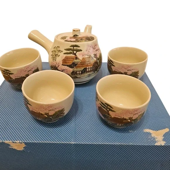 Vintage Japanese Satsuma Style Tea‎ Set Kyusu Teapot 4 Cups Cherry Blossom Scene