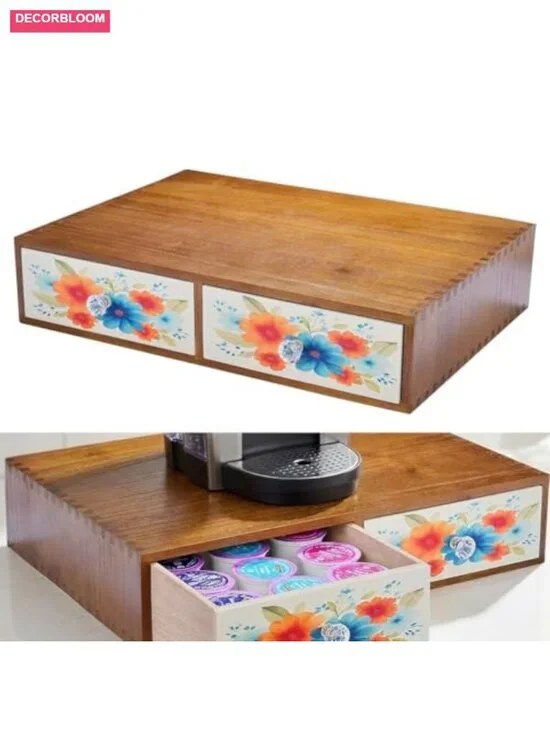 Wooden Coffee Pod Holder with Two Drawers - Solid Wood Farmhouse Organizer for