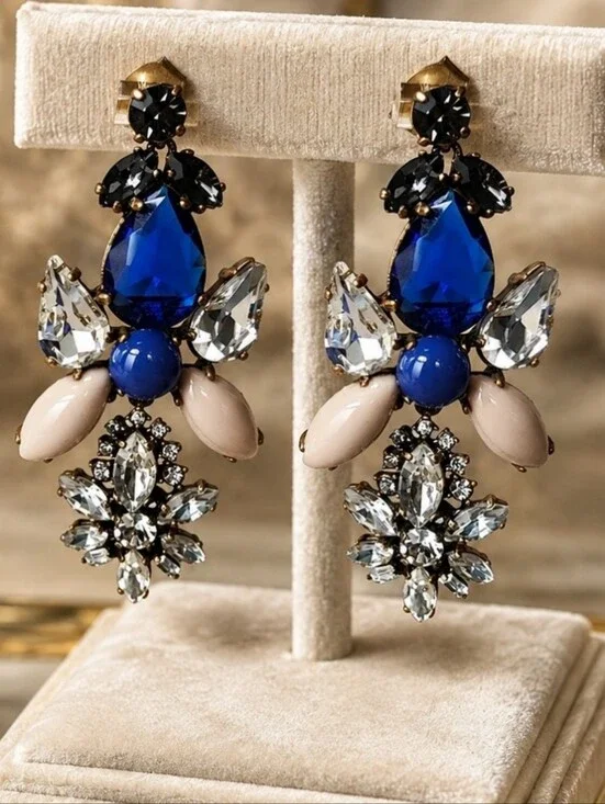J. Crew Brand Sapphire Blue Opaque Cabachons Clear Rhinestones Pierced Earrings