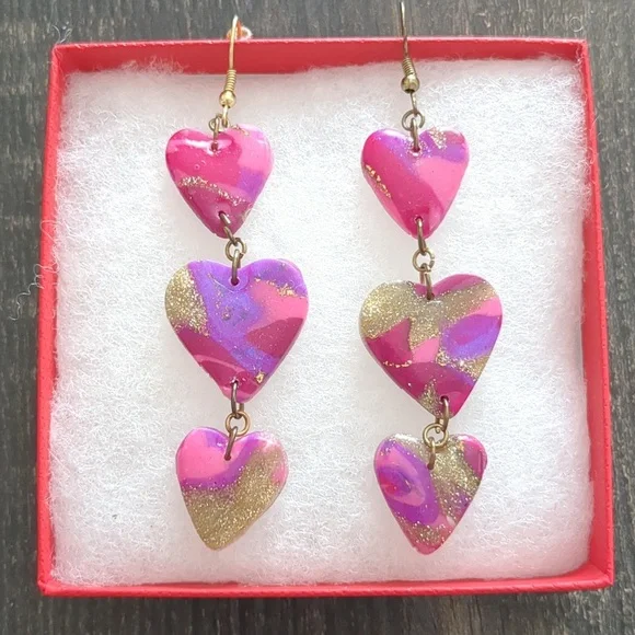 Vintage 80's Glittery Pink Heart Drop Chain Earrings