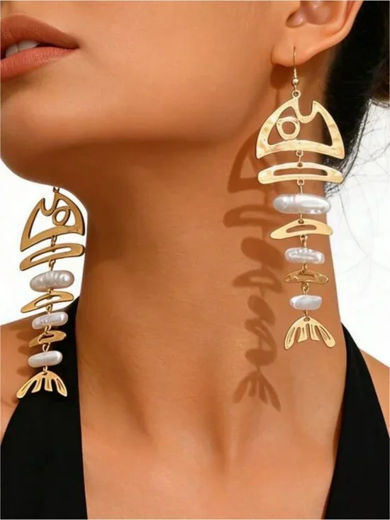 Pearl Dangle Fishbone Earrings Q1117