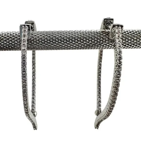 Cubic Zirconia Elegant Formal Inside Out Silver Tone Signed SW 1.5 Hoop Earrings