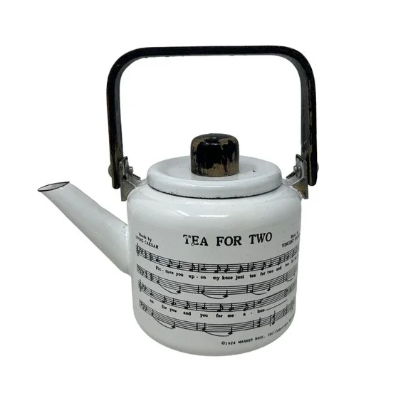 Tea For Two Teapot Vintage 1979 Kamenstein Porcelain Enamel‎ Metal Wood Handle