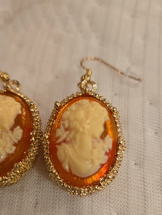 Gold & Orange Cameo Drop Dangle Earrings - Women Jewelry