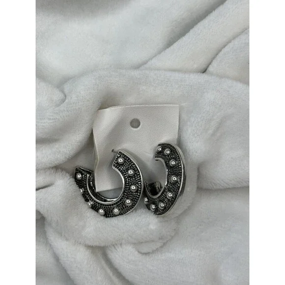 NEW Free People Hoop Earrings Textured Metal Studded Silver Boho Jewelry Set