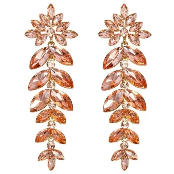 Yellow Gold with Champagne Topaz Austrian Crystal Leaf Chandelier Post Earrings