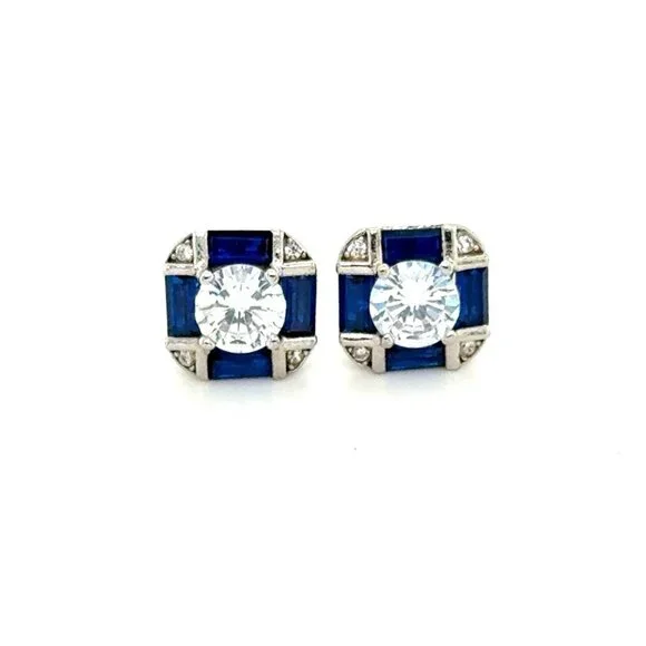 Sterling Silver 925 Blue/White Cz Stud Earrings‎
