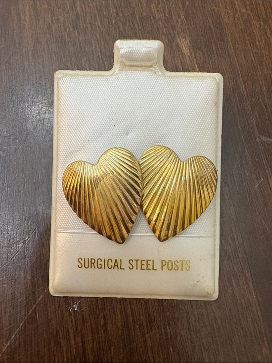 Gold Ribbed Heart Stud Earrings - Surgical Steel Posts