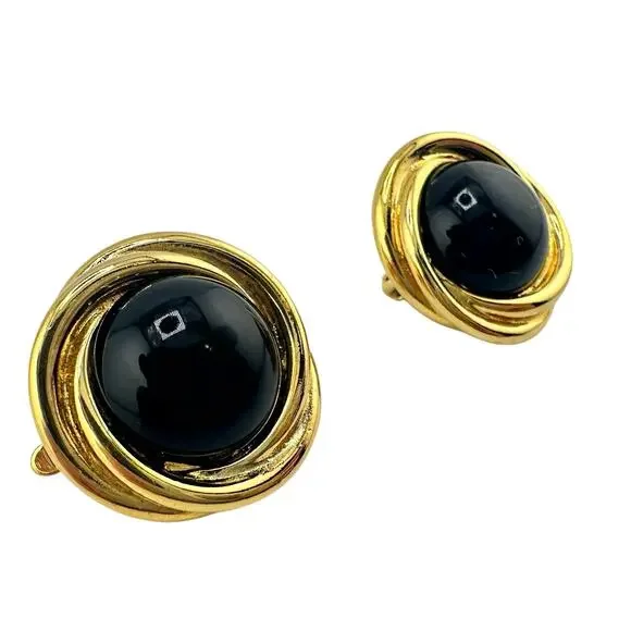 Vintage Trifari 1990s Black Cabochon Gold Tone Twist Bezel 1