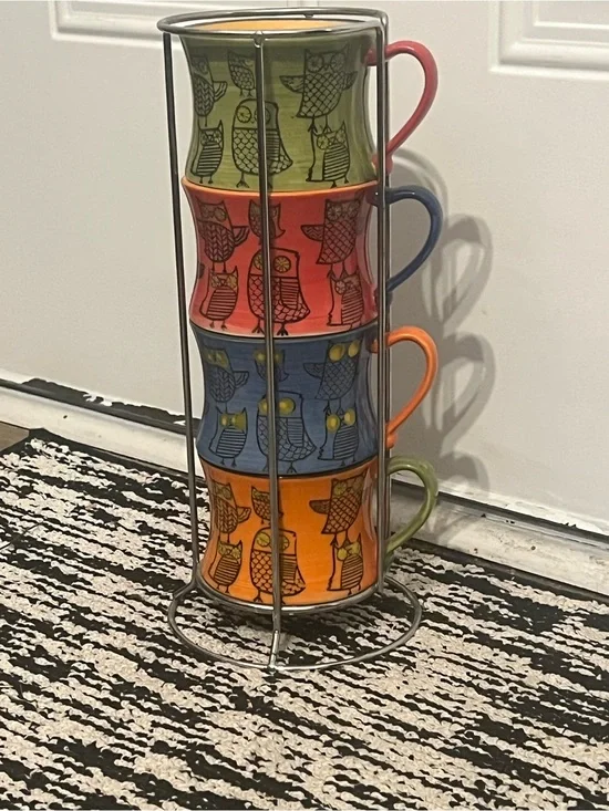 Pier 1 Stacked Owl Mugs Set in Green, Red, Blue, Orange