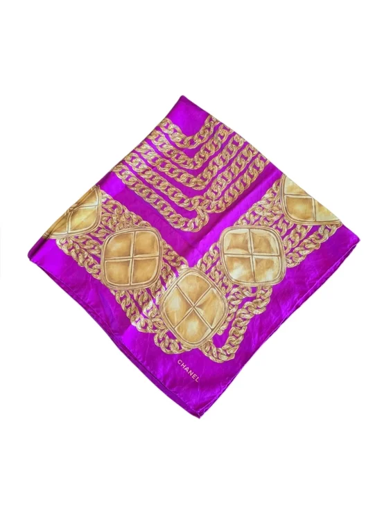 Chanel Vibrant Pink Gold Chain Pattern Vintage Square Silk Scarf