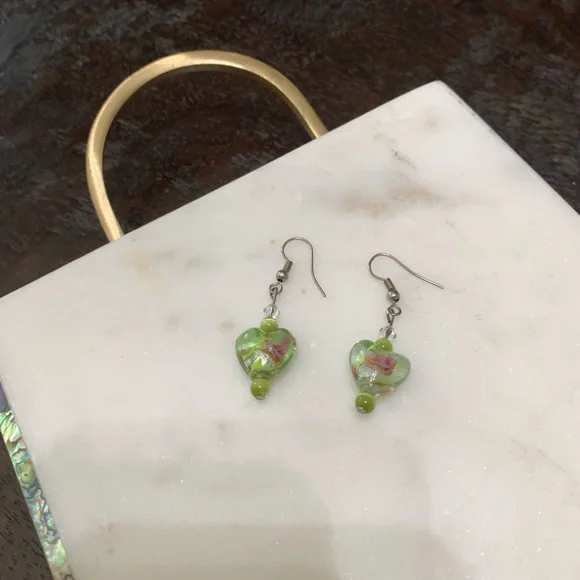 Artisan green glass heart with design