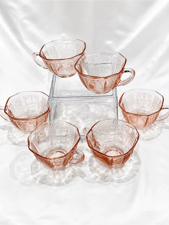 Set (6) Anchor Hocking “Princess Pink” Depression Glass Detailed Tea/Punch Cups.