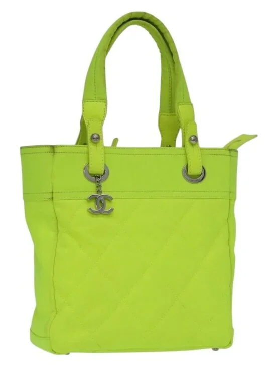CHANEL Paris Biarritz Tote PM Tote Bag Canvas Green Neon Green CC Auth BSZ633