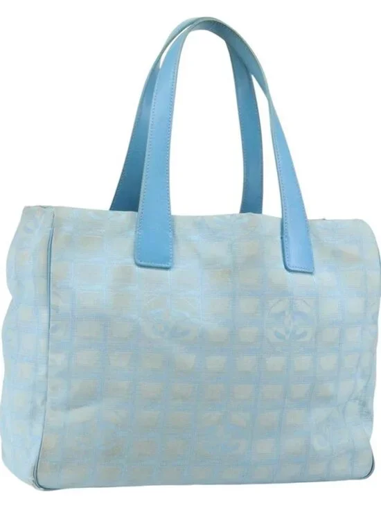 CHANEL New Travel Line Tote Bag Nylon Light Blue Silver CC Auth 142077