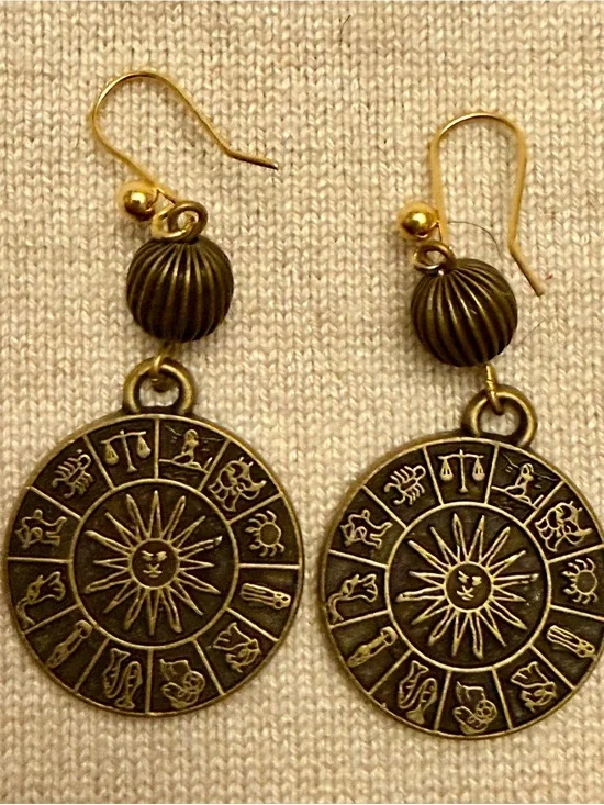 Bronze Zodiac Sun Disk Drop Earrings