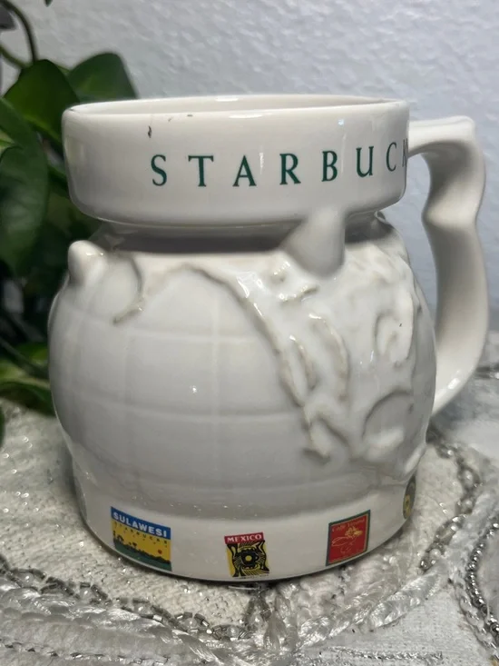 Starbucks White Globe Mosaic Ceramic Mug with Travel Seal Graphics
