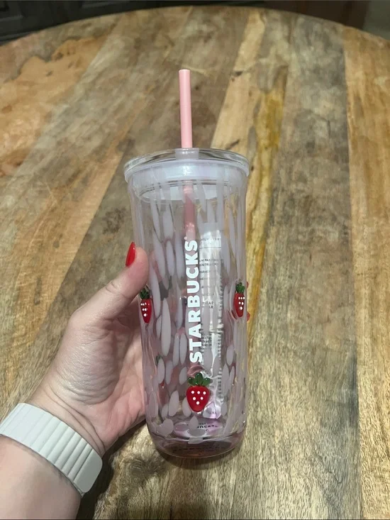 Starbucks Icon glass with Pink Straw and Red Strawberry Accents