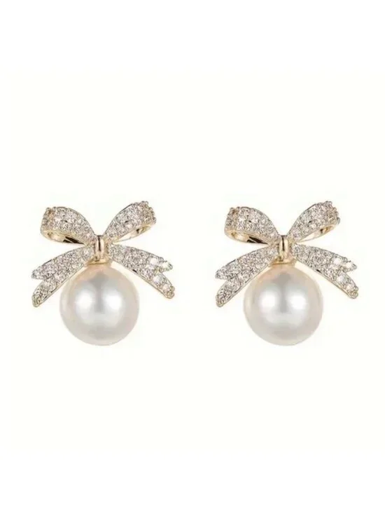 New! Rhinestone Bow Pearl Post Earrings (1055) NWOT
