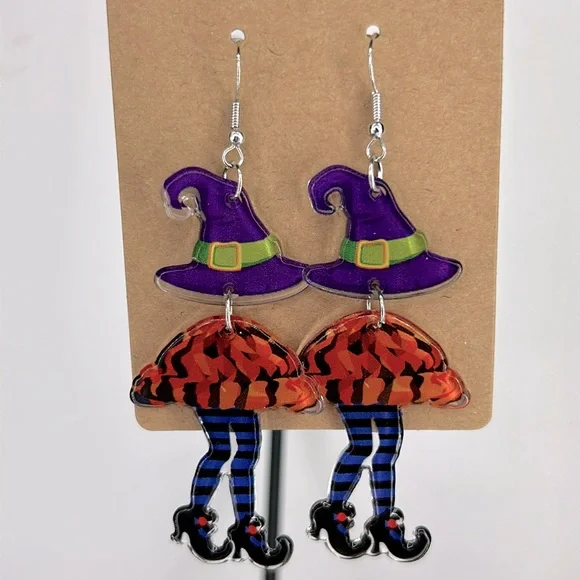 Chic Witch Leg Dangle Acrylic Earrings - Double-Sided Fashion Jewelry