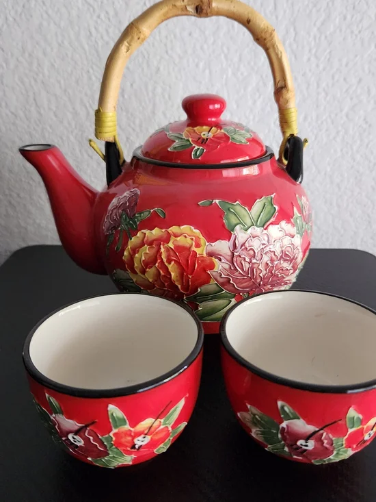 Pier 1 Imports Peony Hand-Painted Stonewear Teapot With Two Tea Cups