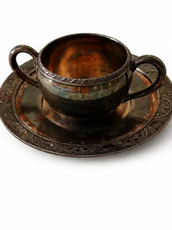 Vintage Silverplate Double Handle Cream Soup Cup & Saucer