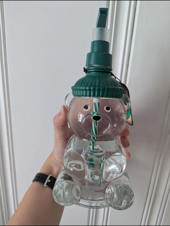 Glass Bear Cup Soap Dispenser with Green Straw Lid