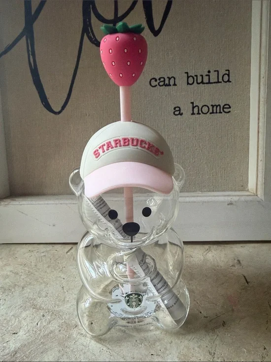 Starbucks Clear Bear Cup with Pink Hat and Pink Strawberry Top