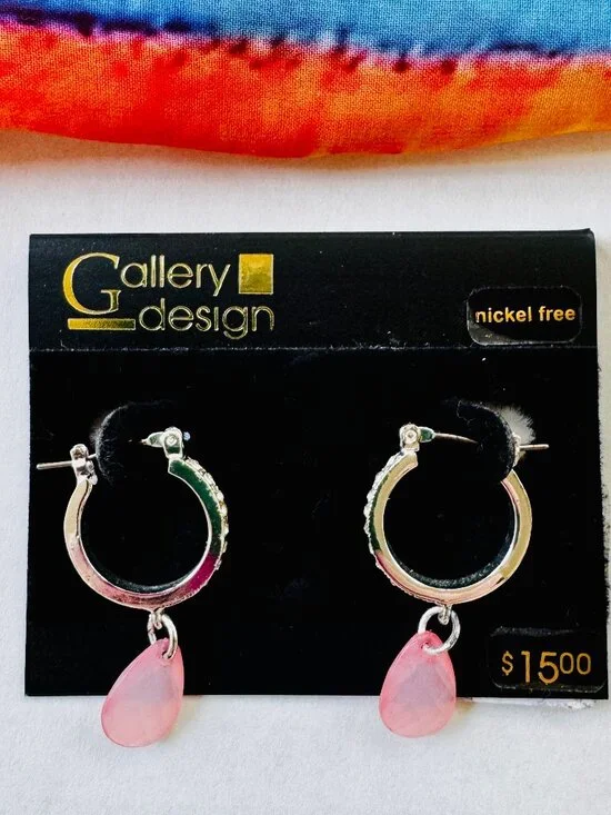 Gallery Design Hoop Earrings Silver Tone With Crystals & Pink Teardrop Stone NEW