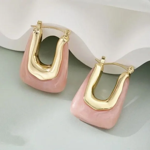 NEW 24k Gold Plated Pink and Gold Square Drop Hoop Earrings Hoops
