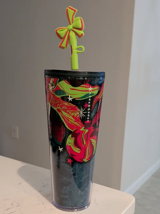 Starbucks Green & Pink Holiday Ornament Tumbler with Bow Straw