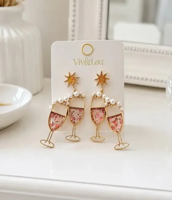 Viv & Lou Gold Champagne Glasses Pearl Earrings New