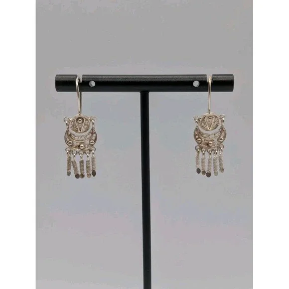 Peruvian Marked 950 Sterling Silver Filigree Handmade Inca Andean Drop Earrings