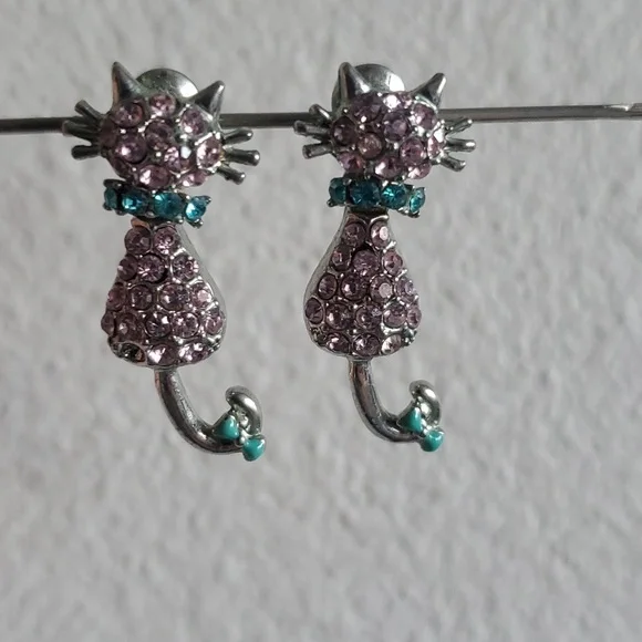 Pink Blue Gemstone Bejeweled Bobble Head Cat Dangle Post Earrings