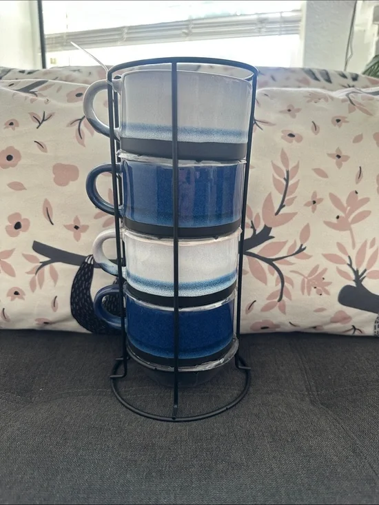 Blue Gradient Stoneware Stackable Mugs with Rack - Home Kitchen