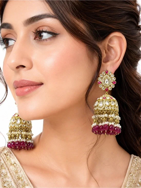 Gold and Ruby Traditional Jhumka Earrings - Women Jewelry