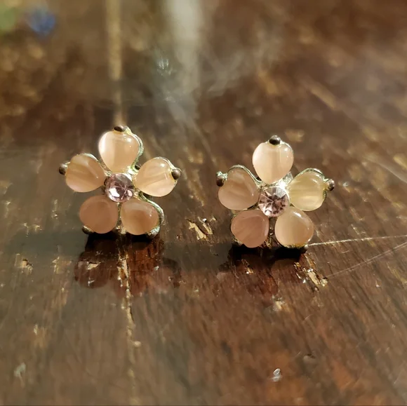 Two-tone pink flower gemstone butterfly back stud earrings