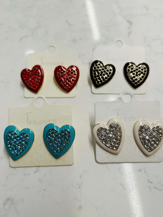 Heart Crystal Stud Earrings - Blue, Red, Black, White