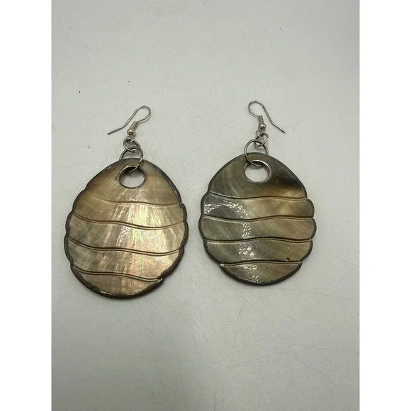 Large Mother of Pearl Shell Drop Earrings Brown Iridescent Scalloped Statement