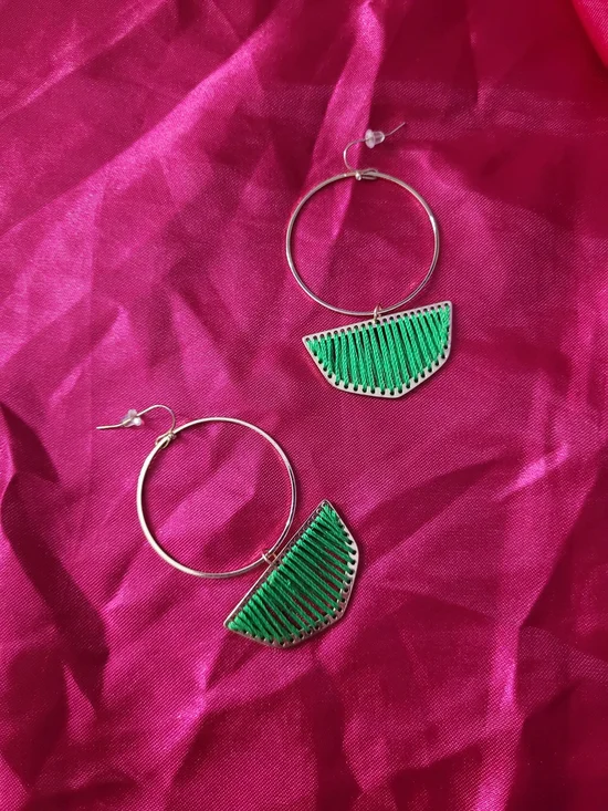 Handwoven Green Hoop Drop Earrings
