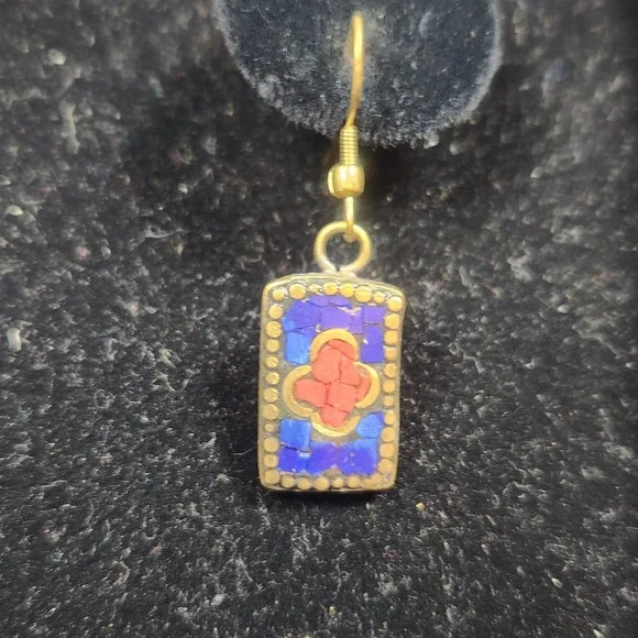 Vintage Brass Mosaic Inlay Drop Earrings Blue Red Stone Rectangular Boho Dangle