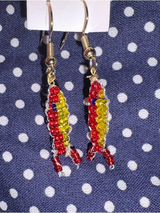 Handmade Red and Yellow Fish Beaded Dangle Earrings
