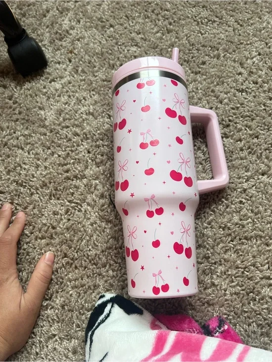 Pink Cherry Print Adults Travel Tumbler with Handle