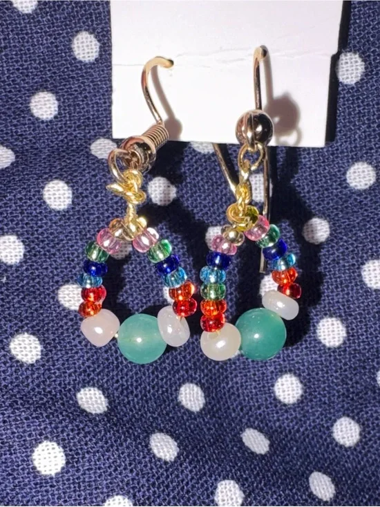 Handmade Colorful Beaded Hoop Earrings with Green Accent