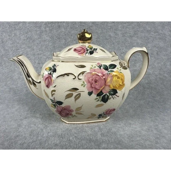 Vintage Sadler England #2897 Teapot Cubed Pink & Yellow Rose Floral Gold Trim