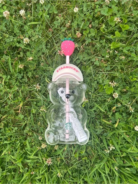 Starbucks Clear Bear Cup with Pink Straw and Strawberry Topper