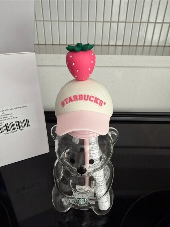 NWT-In Box Sokd out Starbucks Pink & White Bear Bottle with Strawberry Topper