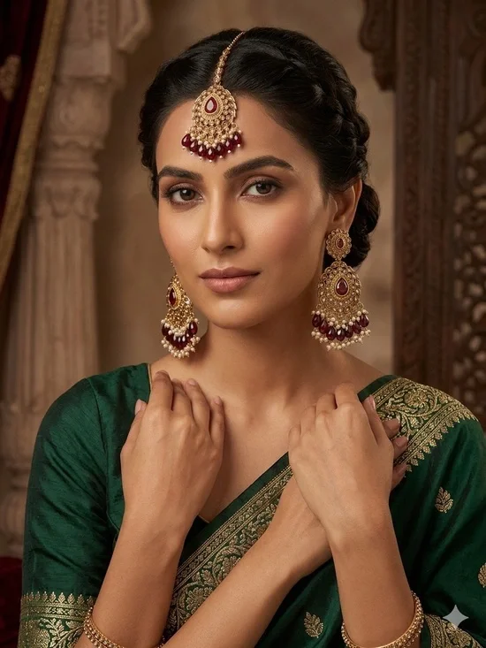 Gold-Tone Red Teardrop Maang Tikka & Earrings Set - Women Jewelry