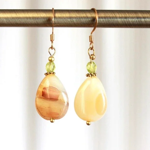 Handmade Yellow Banded Agate Gemstone Drop Earrings Boho Bohemian Cottage‎ Fairy